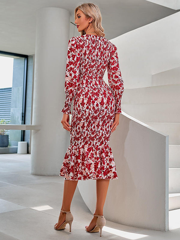 Bohemia Loose Puff Sleeves Floral Printed V-Neck Dress