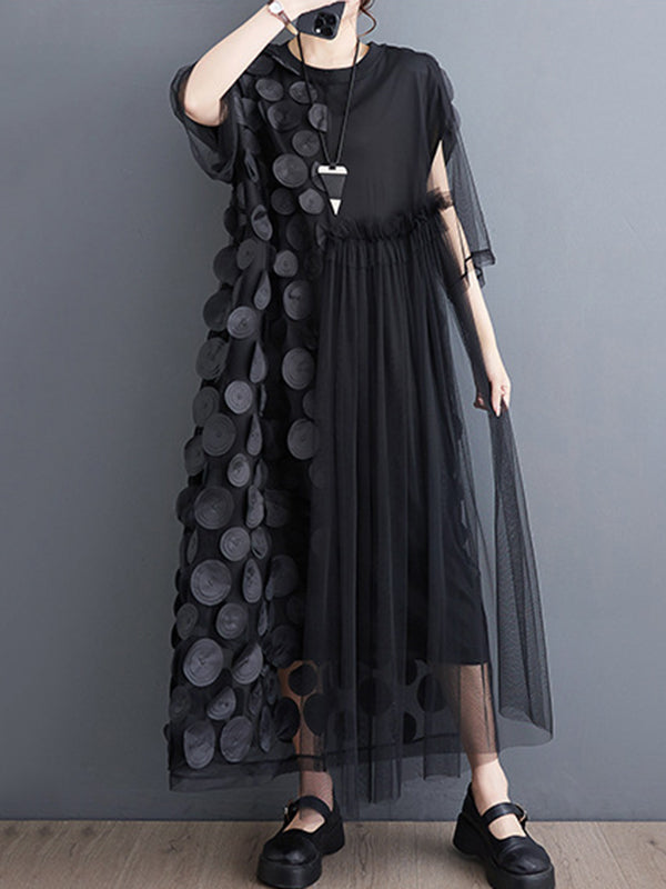 Asymmetric Gauze Split-Joint Loose Short Sleeves Round-Neck Midi Dresses
