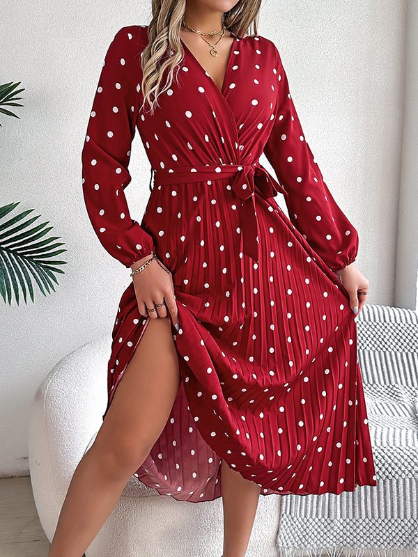 Elasticity Pleated Polka-Dot Split-Joint Tied Waist A-Line High Waisted V-Neck Shirt Dress Midi Dresses