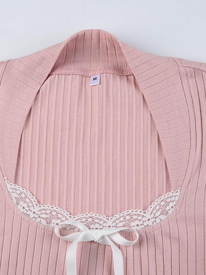 Long-Sleeve Scoop Neck Bow Accent Lace Trim Knit Top