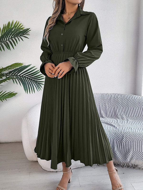 Buttoned Elasticity Pleated Solid Color A-Line Flared Sleeves Lapel Maxi Dresses