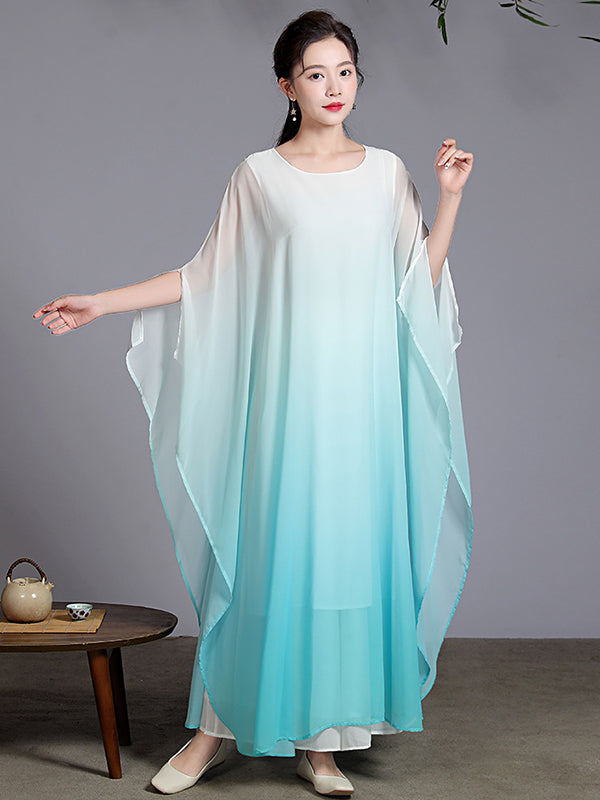 Artistic Retro Half Sleeves Loose Gradient Round-Neck Maxi Dresses