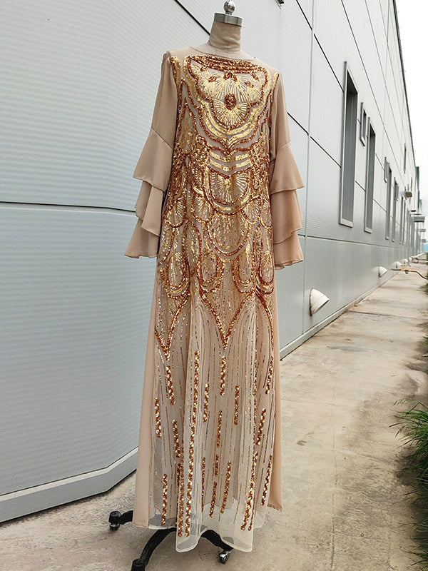 Vintage Flared Sleeves Sequined Round-Neck Midi Dress