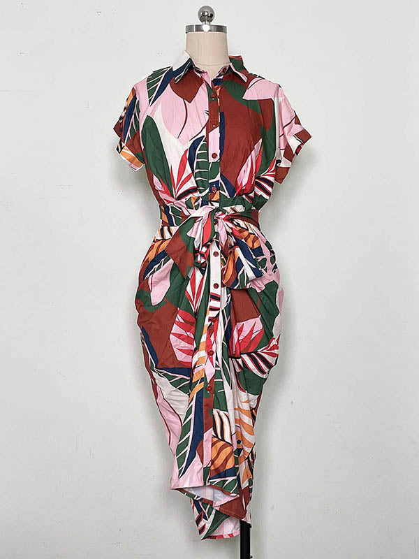 Buttoned Pleated Printed Tied Waist Raglan Sleeve Short Sleeves Lapel Shirt Dress Midi Dresses