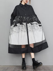Buttoned Gauze Printed Split-Joint A-Line Long Sleeves Lapel Midi Dresses