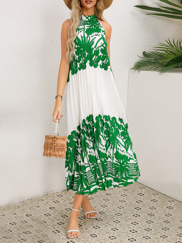 Hollow Pleated Printed Tied A-Line Loose Mock Neck Midi Dresses