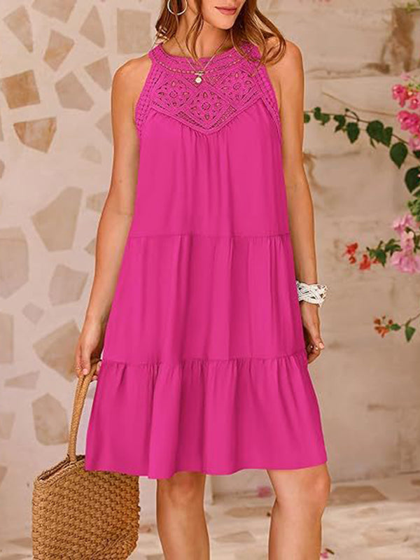 Hollow Pleated Solid Color Split-Joint A-Line Loose Round-Neck Mini Dresses