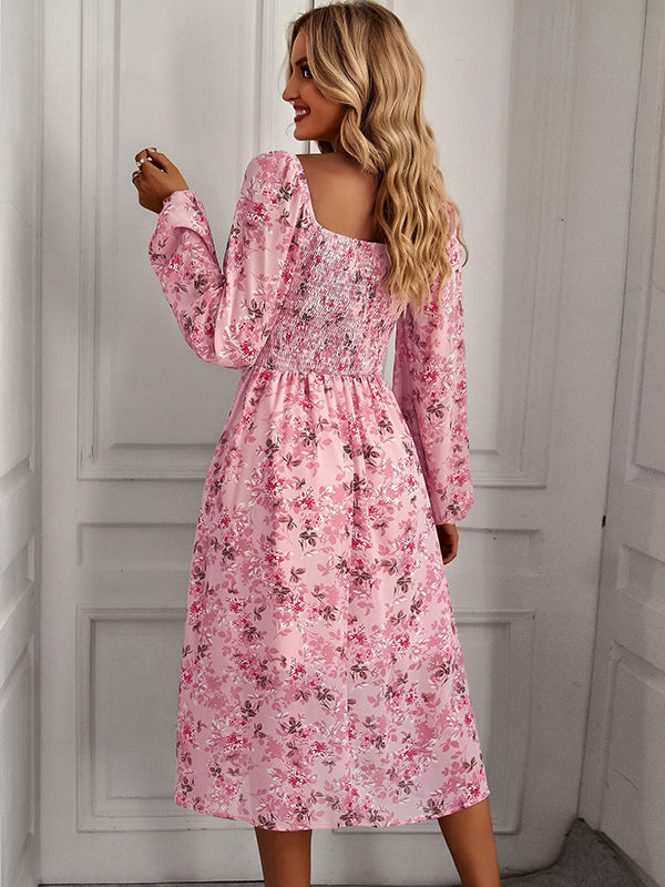 Vacation Loose Long Sleeves Floral Printed U-Neck Midi Dress