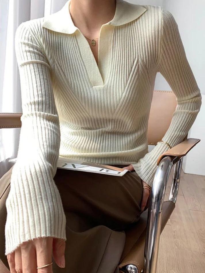 Solid V Neck Ribbed Splice Sweater