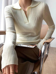 Solid V Neck Ribbed Splice Sweater