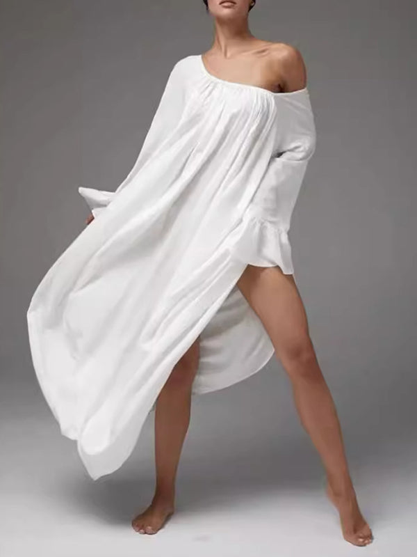 Pleated Solid Color Split-Joint A-Line Flared Sleeves Round-Neck Maxi Dresses