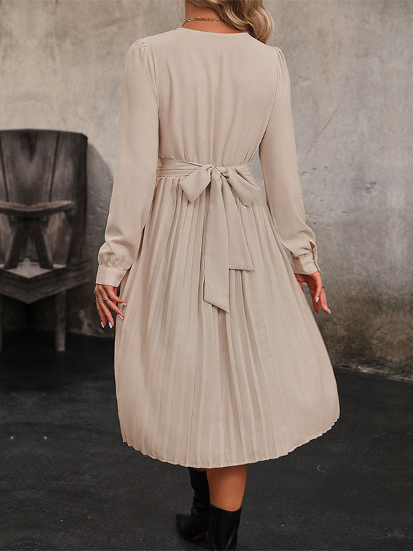 Pleated Solid Color Split-Joint Tied Waist Long Sleeves Loose Round-Neck Midi Dresses
