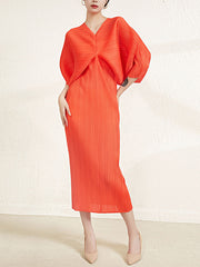 Pleated Solid Color Batwing Sleeves Three-Quarter Sleeves V-Neck Midi Dresses