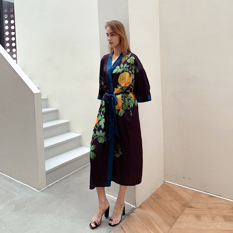 Purple Light Luxury Silky Satin Kimono Robe