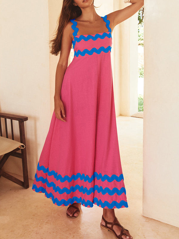 Contrast Color Zipper A-Line High Waisted Square-Neck Midi Dresses