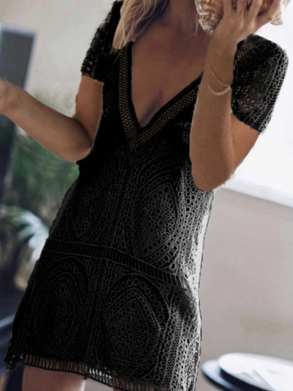 Solid Color Hollow Backless Short Sleeved Mini Dress