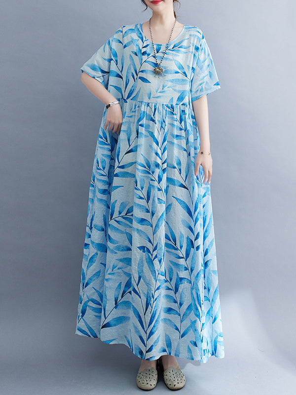 Leaf Pleated Printed Split-Joint Loose Short Sleeves Round-Neck Midi Dresses