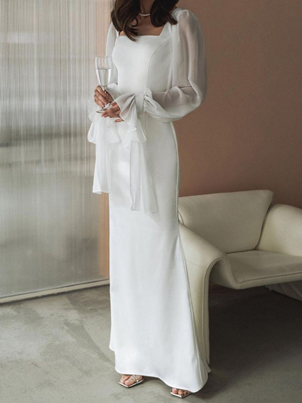 Gauze Pleated See-Through Solid Color Split-Joint Flared Sleeves Skinny Square-neck Maxi Dresses
