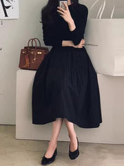 Pleated Split-Joint A-Line Long Sleeves Round-Neck Midi Dresses