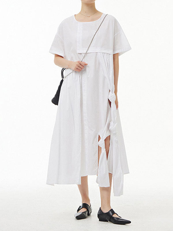 Solid Color Streamer Loose Short Sleeves Round-neck Midi Dresses