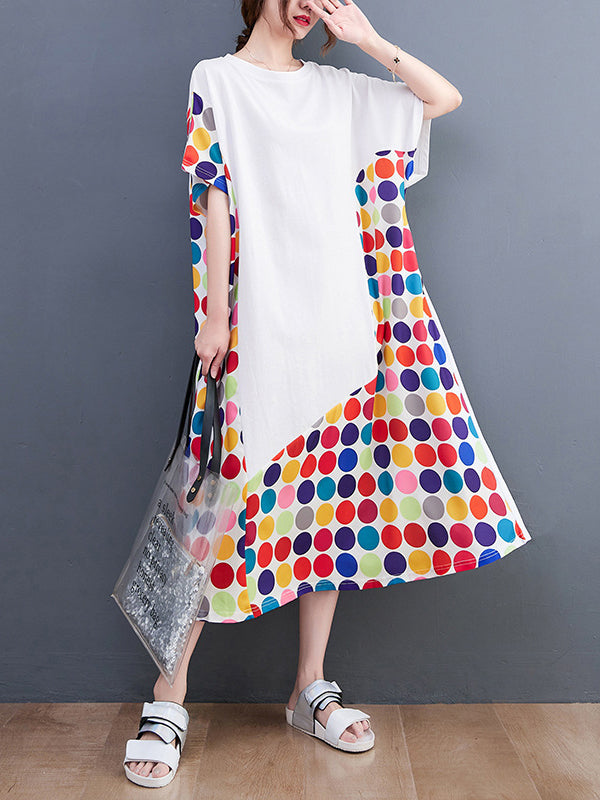 Multi-Colored Polka-Dot Split-Joint Loose Short Sleeves Round-Neck Midi Dresses