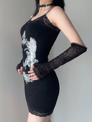 Gothic Black Lace Printed Halter Dress