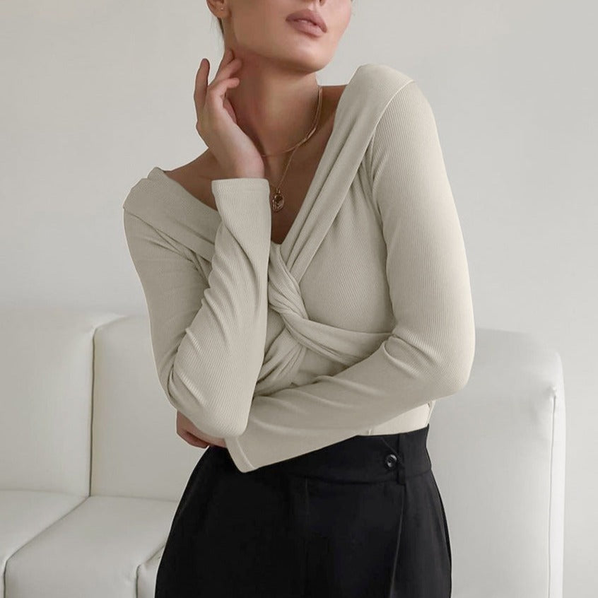 Beige Cross Front Long Sleeve Knitted Top