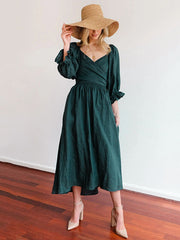 Original A-Line Loose Hollow Solid Color V-Neck Midi Dresses