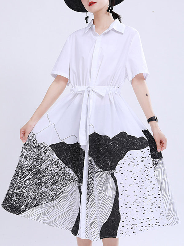 Contrast Color Drawstring Printed Tied Waist Loose Short Sleeves Lapel Shirt Dress Midi Dresses