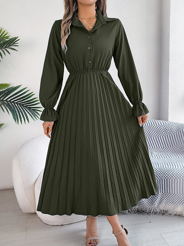Buttoned Elasticity Pleated Solid Color A-Line Flared Sleeves Lapel Maxi Dresses