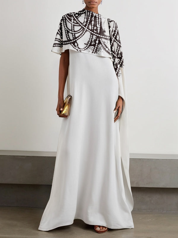Contrast Color Printed A-Line Capelet Mock Neck Maxi Dresses