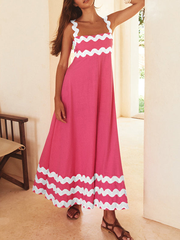 Contrast Color Zipper A-Line High Waisted Square-Neck Midi Dresses