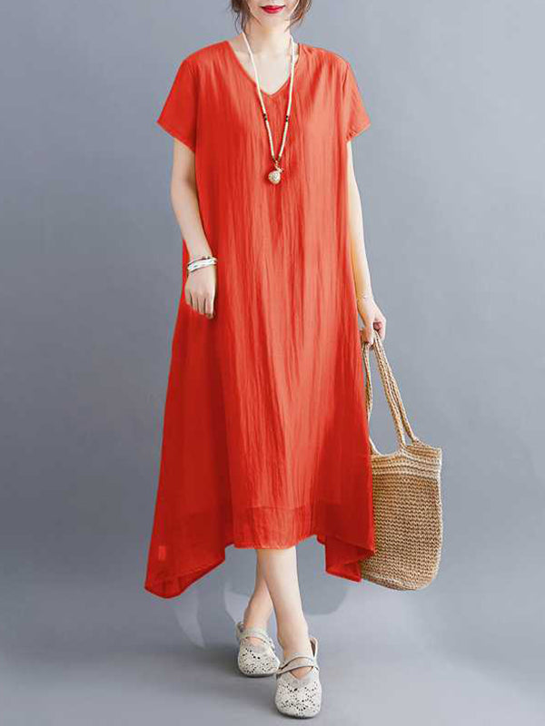 Solid Color A-Line Loose V-Neck Midi Dresses