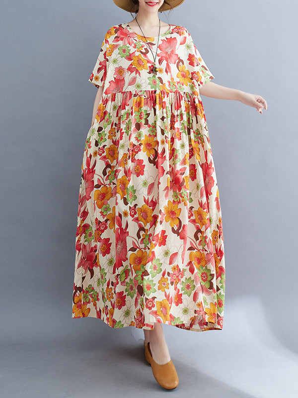 Pleated Printed Split-Joint Loose Short Sleeves Round-Neck Midi Dresses