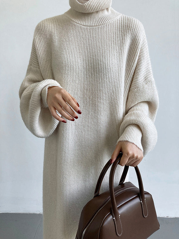 Urban Loose Puff Sleeves Solid Color High-Neck Sweater Dresses