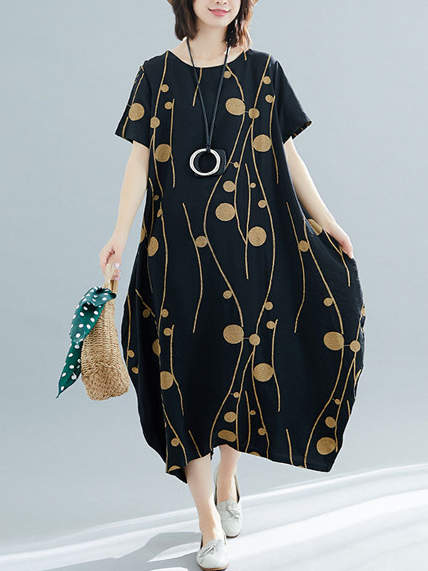 Printed Loose Short Sleeves Round-neck Midi Dresses