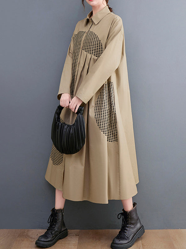 Vintage Loose Long Sleeves Buttoned Printed Polka-Dot Lapel Collar Midi Dresses