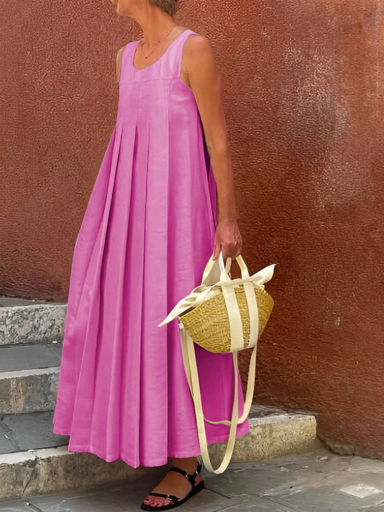Pleated Solid Color Loose Sleeveless Round-neck Maxi Dresses