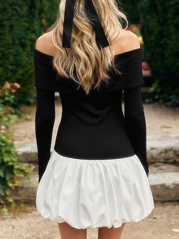 Contrast Color Pleated Split-Joint High Waisted Long Sleeves Off-The-Shoulder Mini Dresses