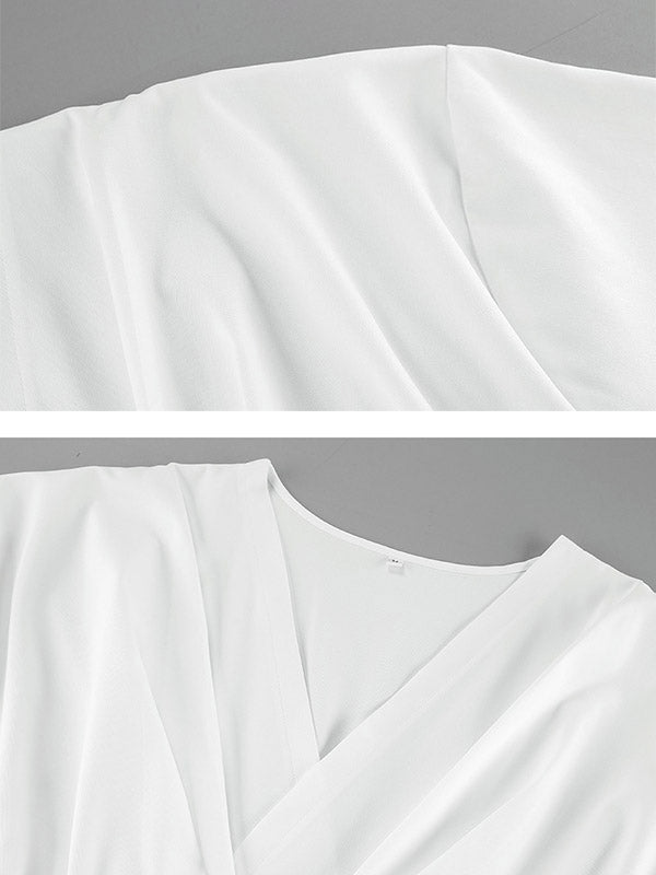 Pleated Solid Color Split-Joint Tied Waist Long Sleeves Loose V-Neck Shirt Dress Mini Dresses
