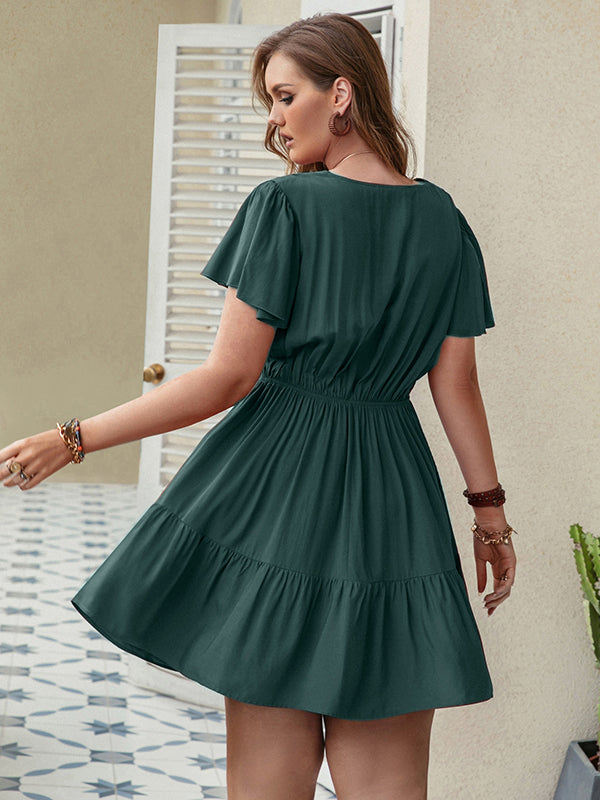 Vacation A-Line High Waisted Solid Color V-Neck Mini Dress