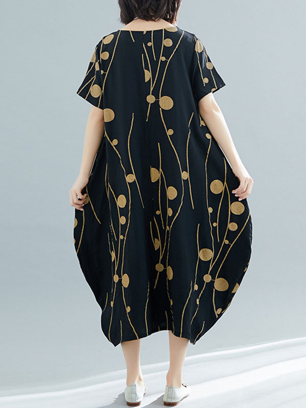 Printed Loose Short Sleeves Round-neck Midi Dresses