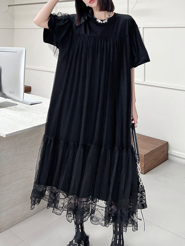 Gauze Pleated Solid Color Split-Joint Tiered Fake Two-Piece Loose Round-Neck Midi Dresses
