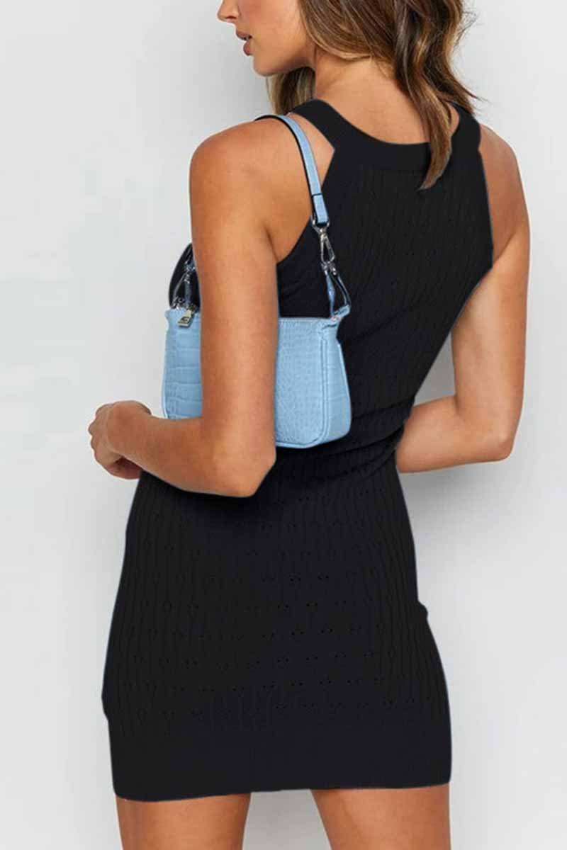 Florcoo Sexy Solid Color Sleeveless Striped Knitted Bag Hip Mini Dress(3 colors)