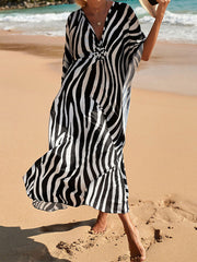Split-Joint Split-Side Striped Sun Protection Batwing Sleeves Loose V-Neck Maxi Dresses Beach Cover-Up