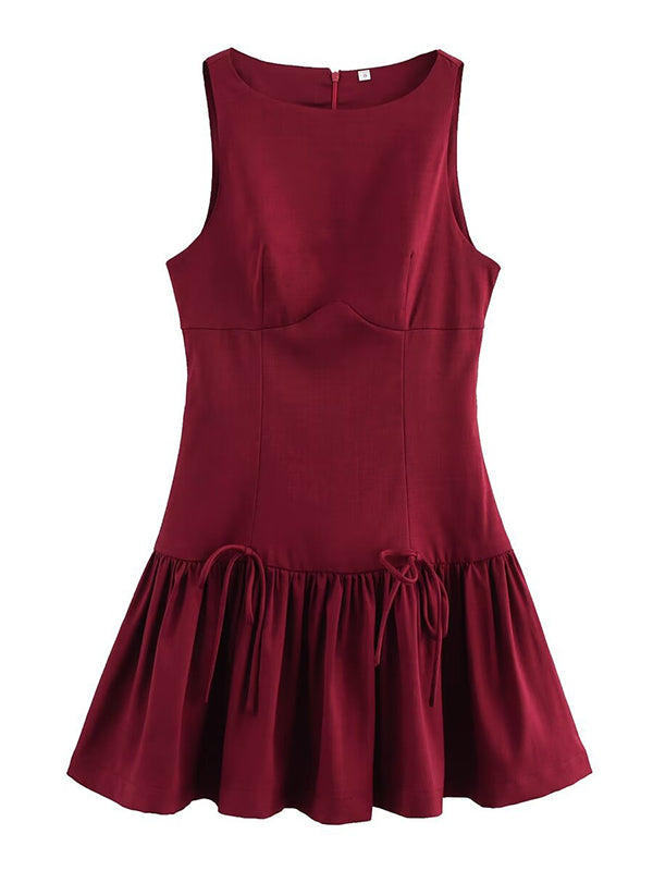 Pleated Solid Color Split-Joint Zipper A-Line Loose Round-Neck Mini Dresses