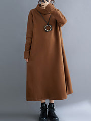 Pockets Solid Color Split-Side Velvet A-Line Long Sleeves High Neck Midi Dresses