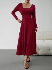 Solid Color Tied Waist A-Line High Waisted U-Neck Midi Dresses
