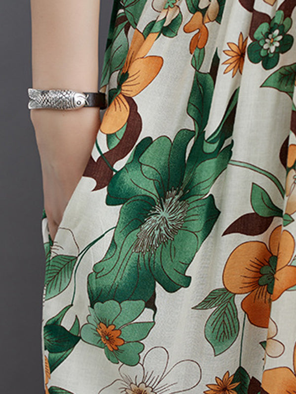 Floral Printed Pleated Split-Joint Loose Short Sleeves Round-Neck Midi Dresses