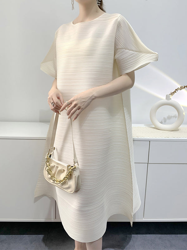 Pleated Loose Round-neck Midi Dresses